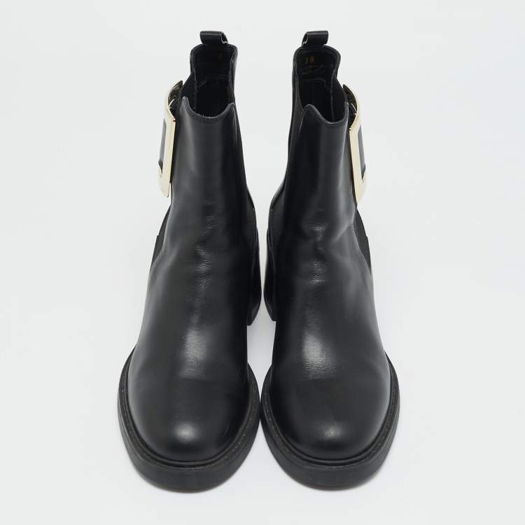 Pre Owned Roger Vivier Black Leather Buckle Ankle Length Boots Size 38