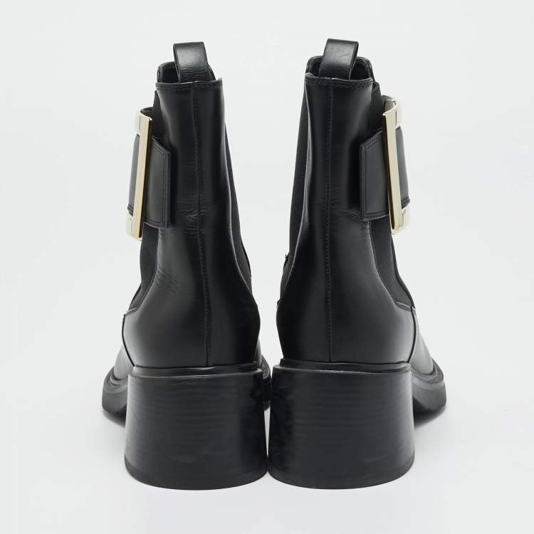 Pre Owned Roger Vivier Black Leather Buckle Ankle Length Boots Size 38