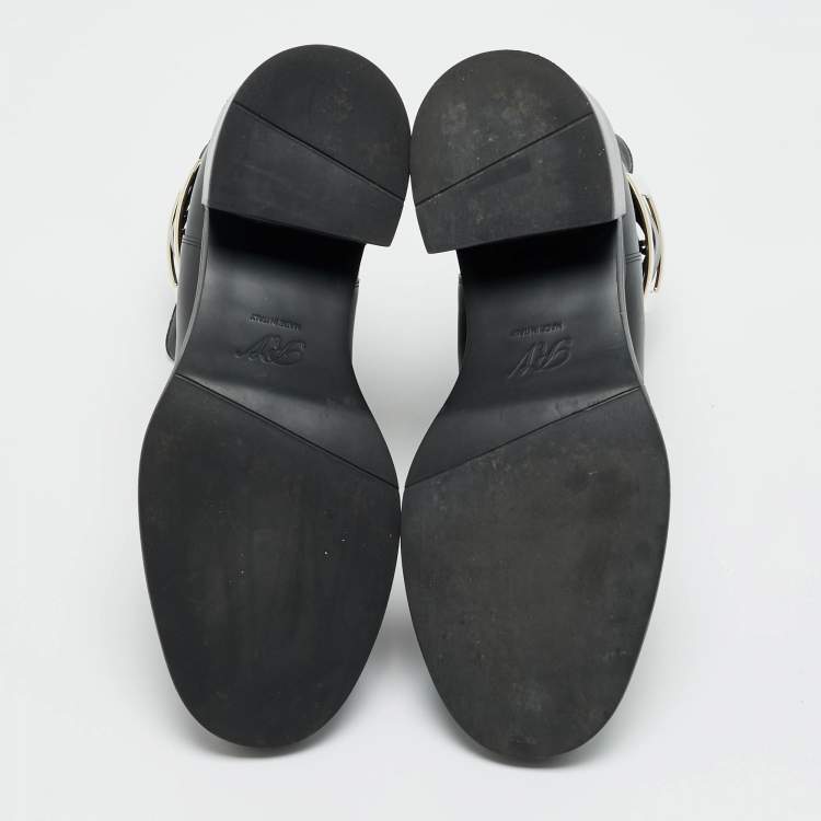 Pre Owned Roger Vivier Black Leather Buckle Ankle Length Boots Size 38