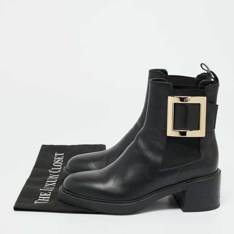 Pre Owned Roger Vivier Black Leather Buckle Ankle Length Boots Size 38