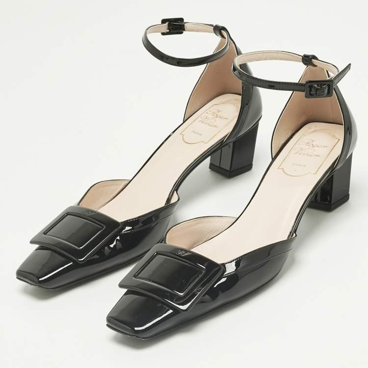Pre Owned Roger Vivier Black Patent Leather Belle Vivier Ankle Strap Pumps Size 37.5