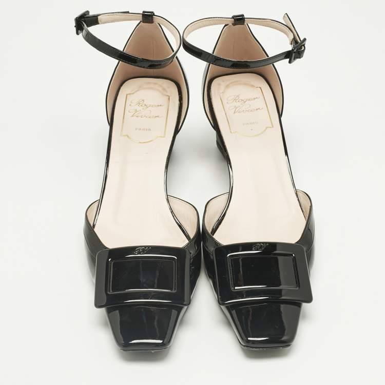 Pre Owned Roger Vivier Black Patent Leather Belle Vivier Ankle Strap Pumps Size 37.5