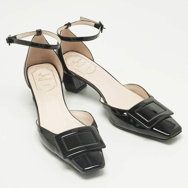 Pre Owned Roger Vivier Black Patent Leather Belle Vivier Ankle Strap Pumps Size 37.5