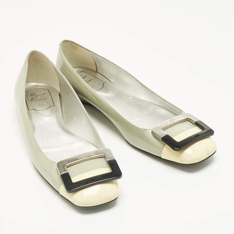 Pre Owned Roger Vivier Pastel Green/Yellow Patent Leather Square Cap Toe Ballet Flats Size 38.5
