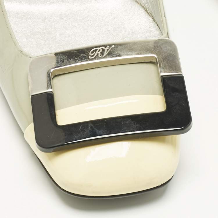 Pre Owned Roger Vivier Pastel Green/Yellow Patent Leather Square Cap Toe Ballet Flats Size 38.5