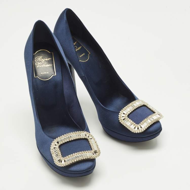 Pre Owned Roger Vivier Limelight Buckle Size 39.5 Navy Blue Satin Pumps