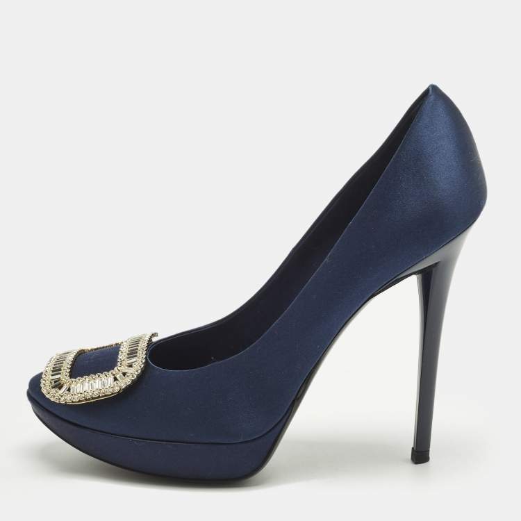 Pre Owned Roger Vivier Limelight Buckle Size 39.5 Navy Blue Satin Pumps