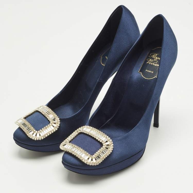 Pre Owned Roger Vivier Limelight Buckle Size 39.5 Navy Blue Satin Pumps