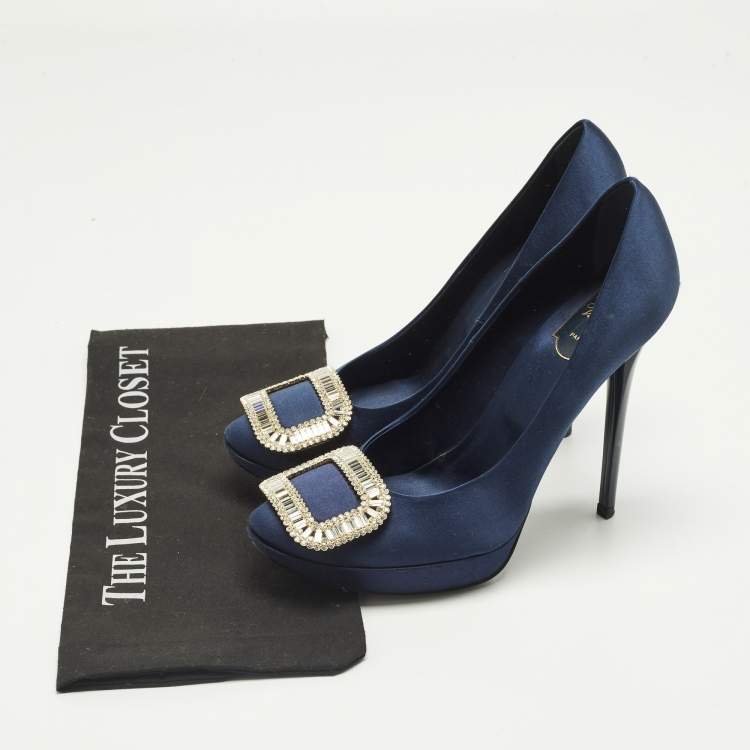 Pre Owned Roger Vivier Limelight Buckle Size 39.5 Navy Blue Satin Pumps