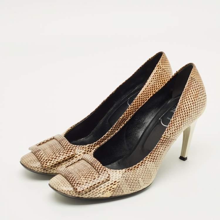 Pre Owned Roger Vivier Size 38 Beige/Brown Snakeskin Leather Pumps