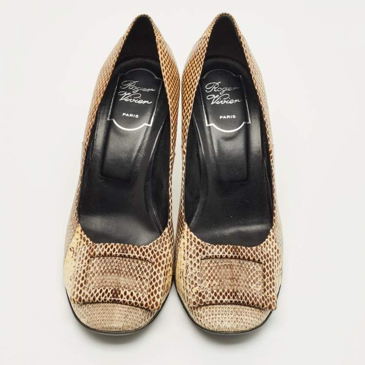 Pre Owned Roger Vivier Size 38 Beige/Brown Snakeskin Leather Pumps