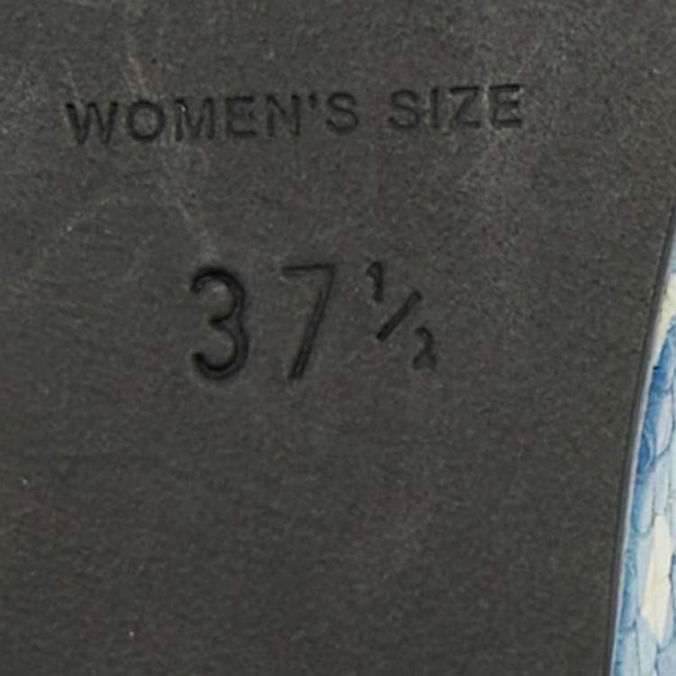 Pre Owned Roger Vivier Gingham Size 37.5 Blue Snakeskin Embossed Leather Wedge Sandals