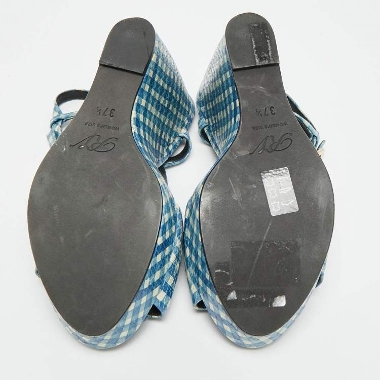 Pre Owned Roger Vivier Gingham Size 37.5 Blue Snakeskin Embossed Leather Wedge Sandals