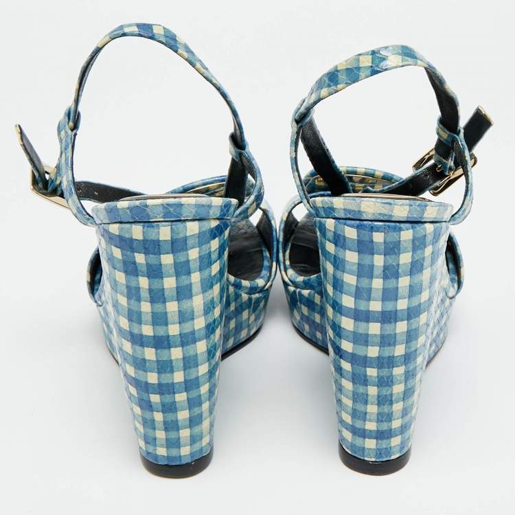 Pre Owned Roger Vivier Gingham Size 37.5 Blue Snakeskin Embossed Leather Wedge Sandals