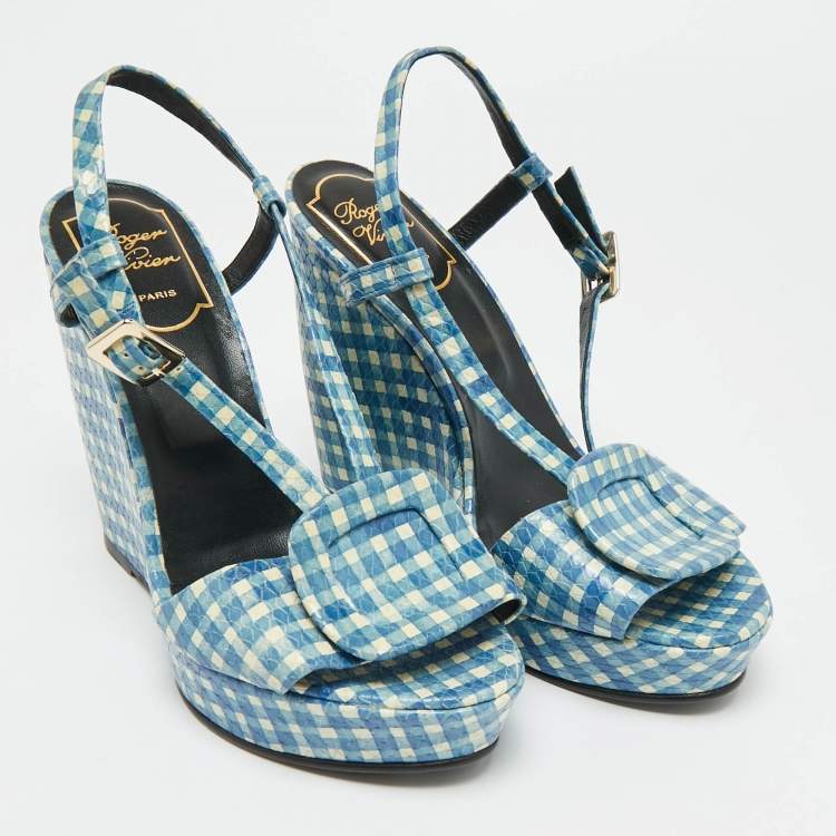 Pre Owned Roger Vivier Gingham Size 37.5 Blue Snakeskin Embossed Leather Wedge Sandals