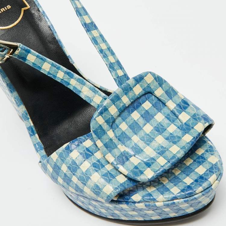Pre Owned Roger Vivier Gingham Size 37.5 Blue Snakeskin Embossed Leather Wedge Sandals
