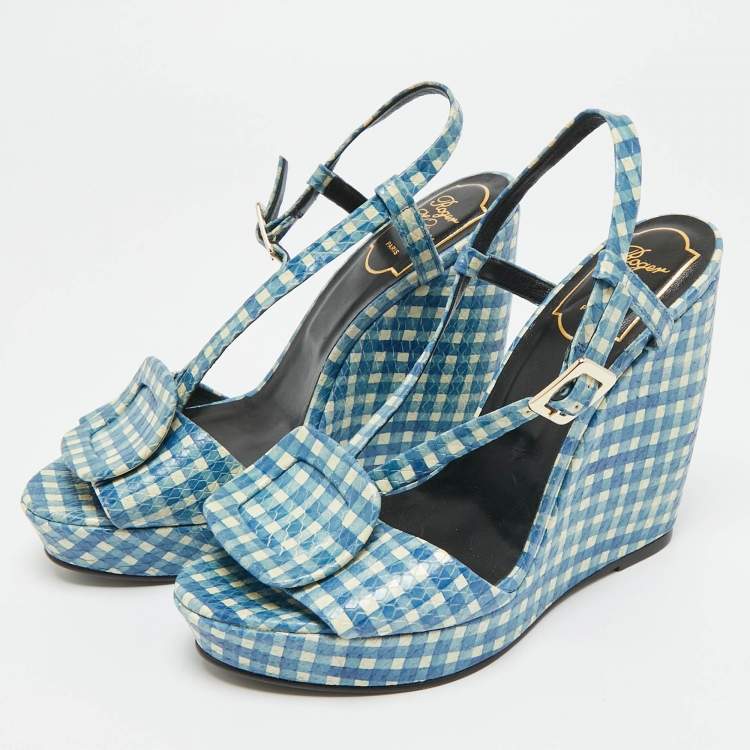 Pre Owned Roger Vivier Gingham Size 37.5 Blue Snakeskin Embossed Leather Wedge Sandals