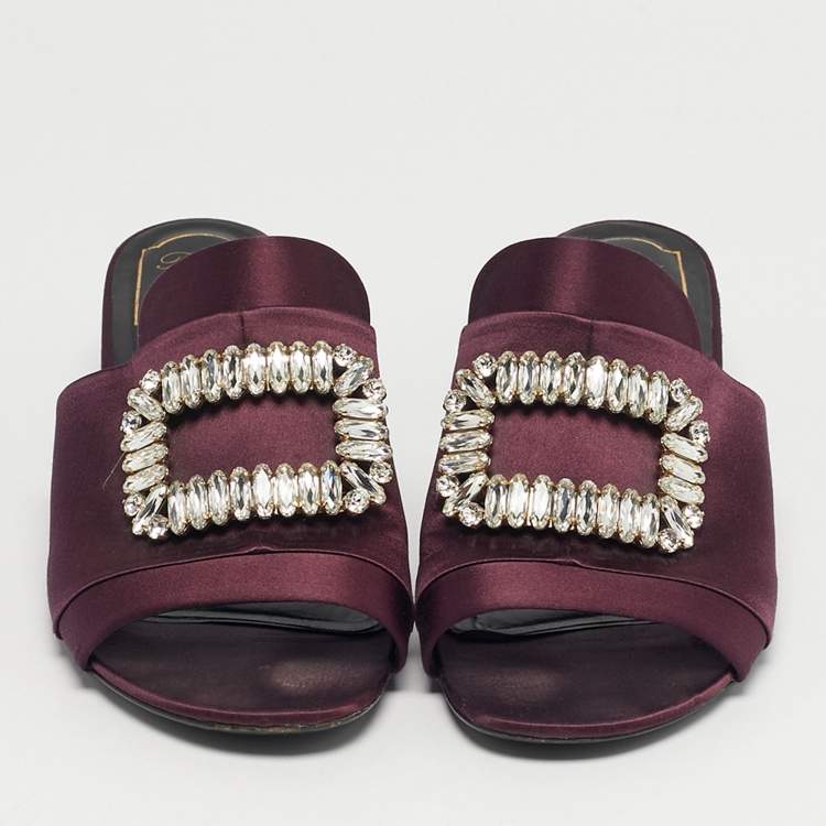 Pre Owned Roger Vivier Size 39 Purple Satin Crystal Embellished Slide Sandals