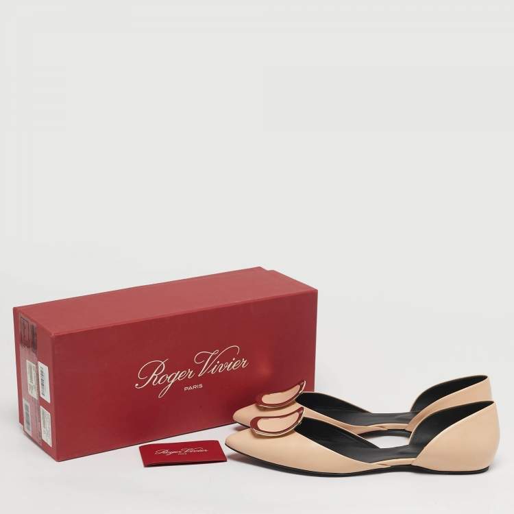 Pre Owned Roger Vivier Trompette Size 38.5 Beige Leather D'orsay Ballet Flats
