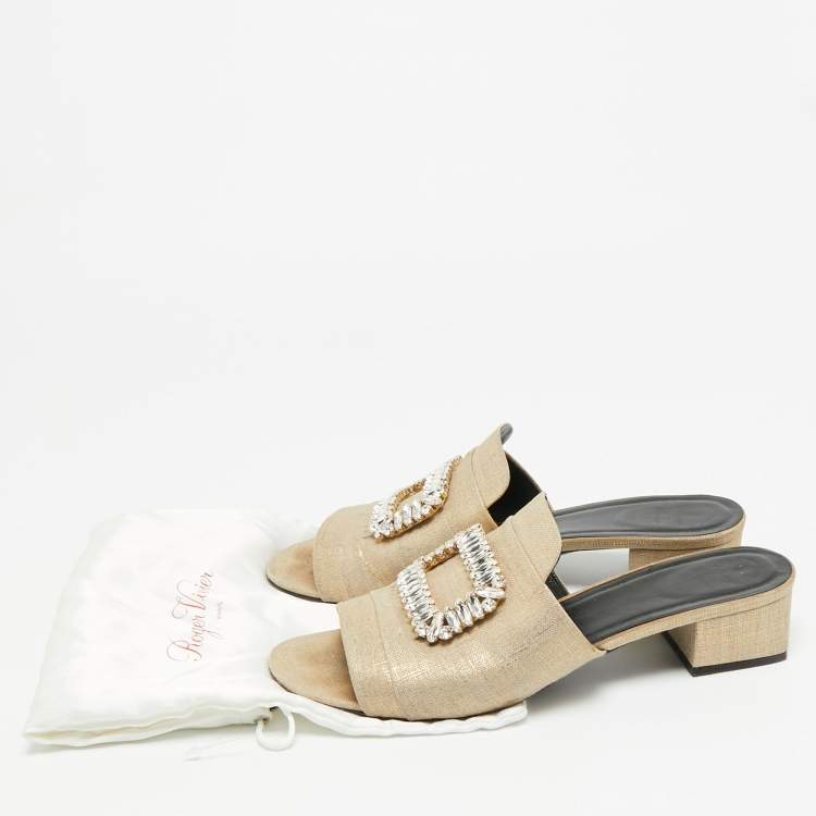 Pre Owned Roger Vivier Size 41 Beige Canvas Crystal Embellished Slide Sandals