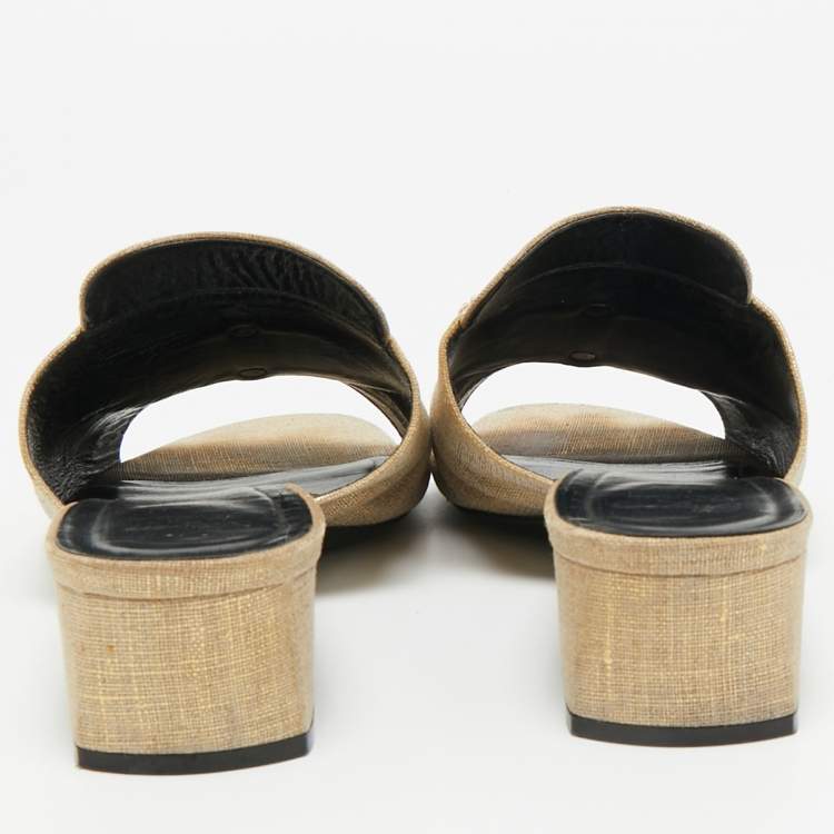 Pre Owned Roger Vivier Size 41 Beige Canvas Crystal Embellished Slide Sandals