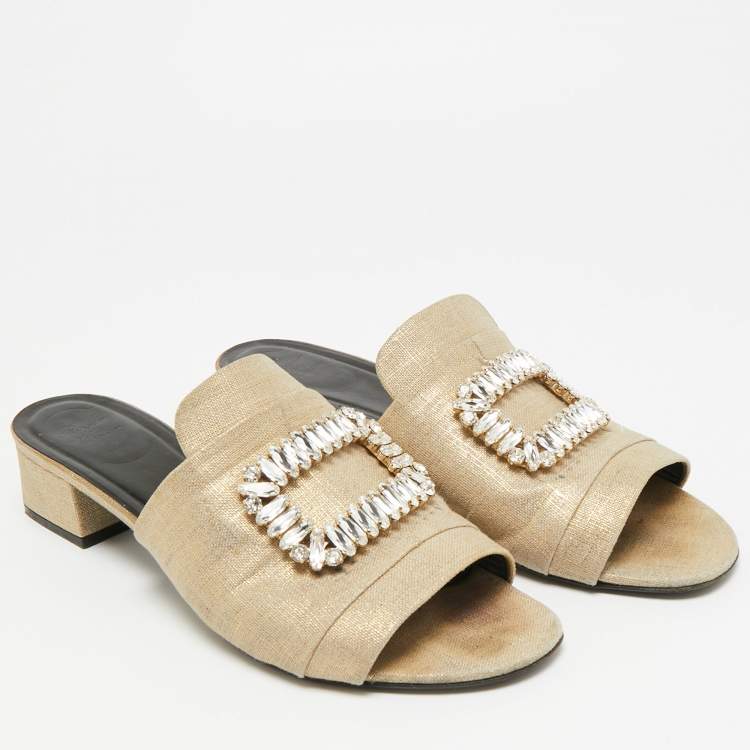 Pre Owned Roger Vivier Size 41 Beige Canvas Crystal Embellished Slide Sandals