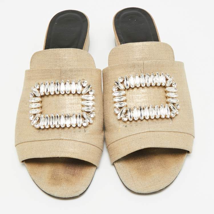 Pre Owned Roger Vivier Size 41 Beige Canvas Crystal Embellished Slide Sandals