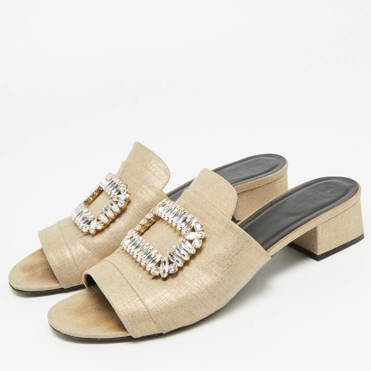 Pre Owned Roger Vivier Size 41 Beige Canvas Crystal Embellished Slide Sandals