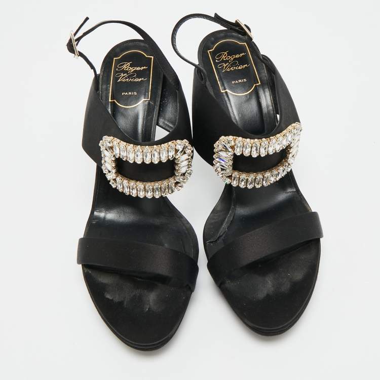 Pre Owned Roger Vivier Size 41 Black Satin Crystal Embellished Slingback Sandals