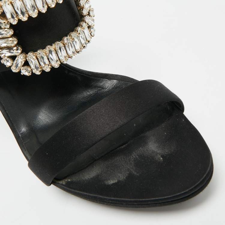 Pre Owned Roger Vivier Size 41 Black Satin Crystal Embellished Slingback Sandals