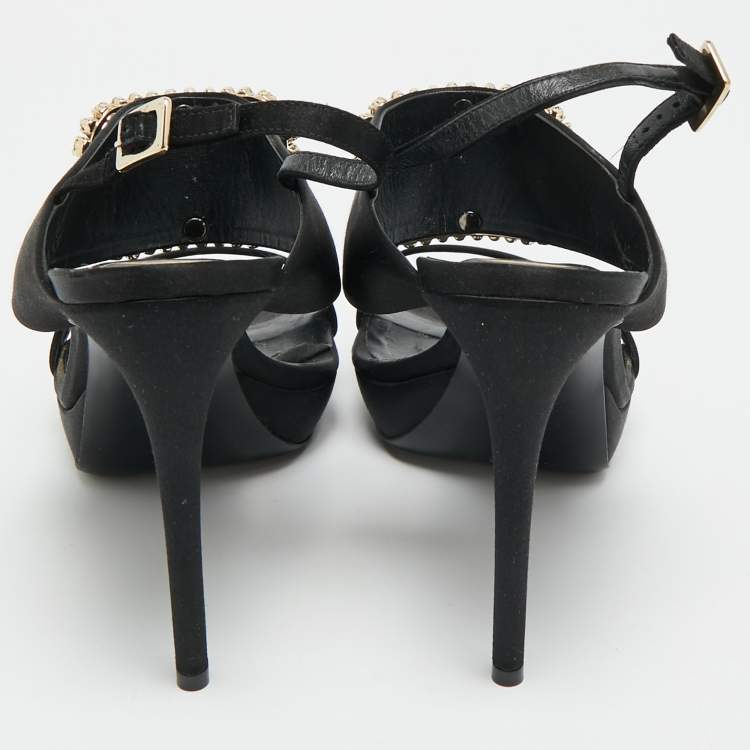 Pre Owned Roger Vivier Size 41 Black Satin Crystal Embellished Slingback Sandals