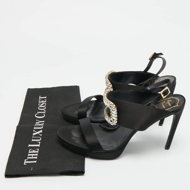 Pre Owned Roger Vivier Size 41 Black Satin Crystal Embellished Slingback Sandals