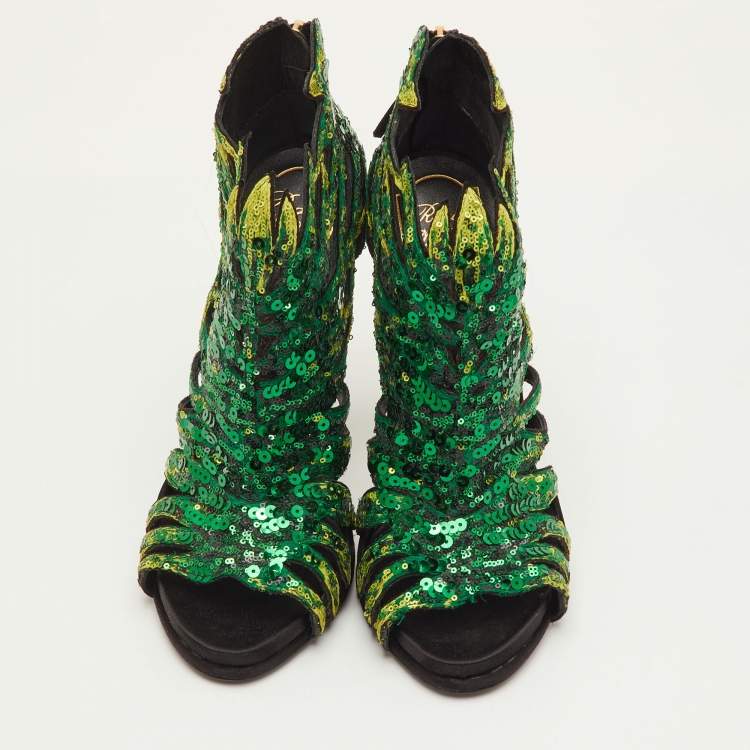Pre Owned Roger Vivier Paillettes Size 37 Green/Black Sequins Open Toe Ankle Booties
