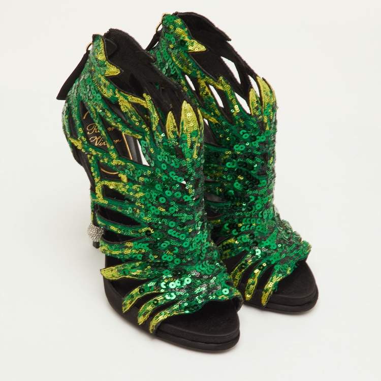 Pre Owned Roger Vivier Paillettes Size 37 Green/Black Sequins Open Toe Ankle Booties