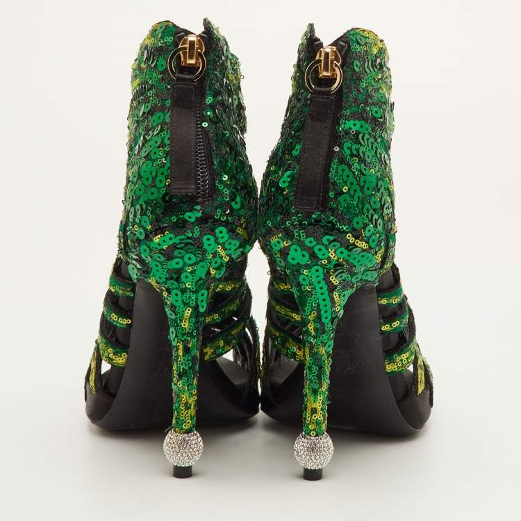 Pre Owned Roger Vivier Paillettes Size 37 Green/Black Sequins Open Toe Ankle Booties