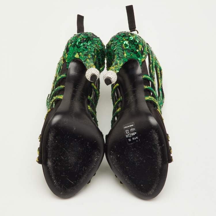 Pre Owned Roger Vivier Paillettes Size 37 Green/Black Sequins Open Toe Ankle Booties