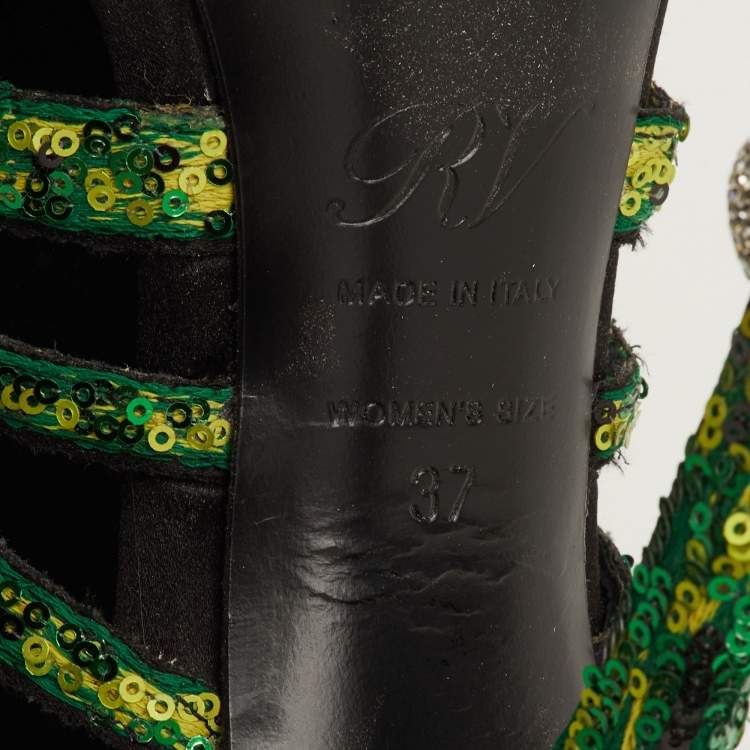 Pre Owned Roger Vivier Paillettes Size 37 Green/Black Sequins Open Toe Ankle Booties