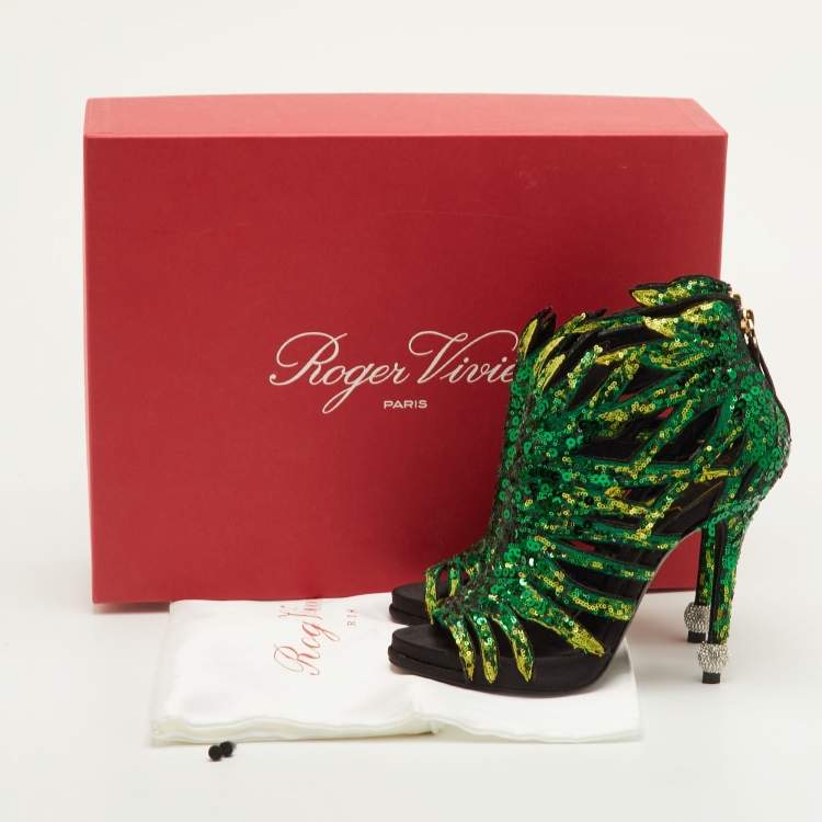 Pre Owned Roger Vivier Paillettes Size 37 Green/Black Sequins Open Toe Ankle Booties