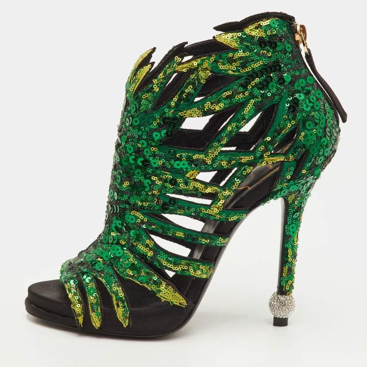 Pre Owned Roger Vivier Paillettes Size 37 Green/Black Sequins Open Toe Ankle Booties