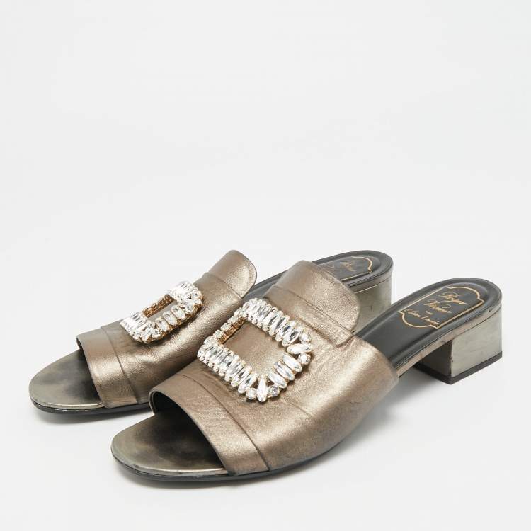 Pre Owned Roger Vivier Size 41 Metallic Bronze Leather Crystal Embellished Slide Sandals