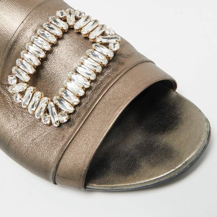 Pre Owned Roger Vivier Size 41 Metallic Bronze Leather Crystal Embellished Slide Sandals