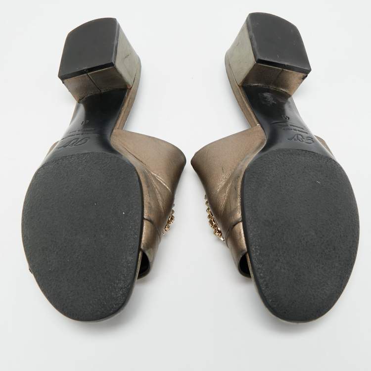 Pre Owned Roger Vivier Size 41 Metallic Bronze Leather Crystal Embellished Slide Sandals