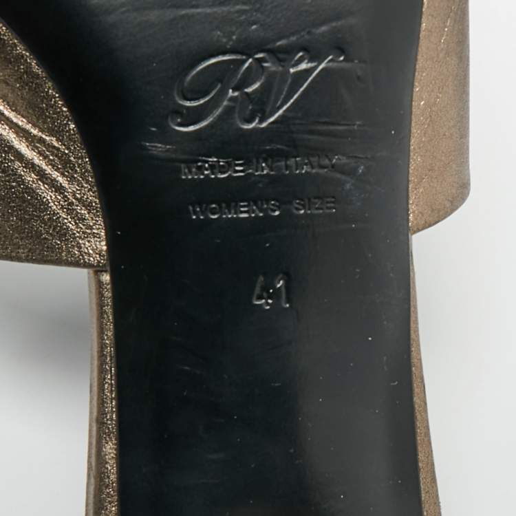 Pre Owned Roger Vivier Size 41 Metallic Bronze Leather Crystal Embellished Slide Sandals