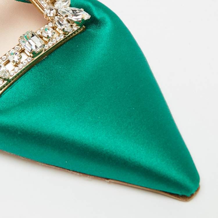 مملوكة مسبقًا Roger Vivier RV Broche Size 40 Green Satin Crystal Embellished Mules
