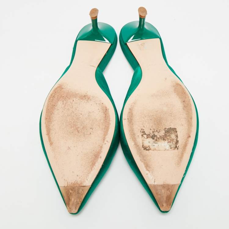 مملوكة مسبقًا Roger Vivier RV Broche Size 40 Green Satin Crystal Embellished Mules