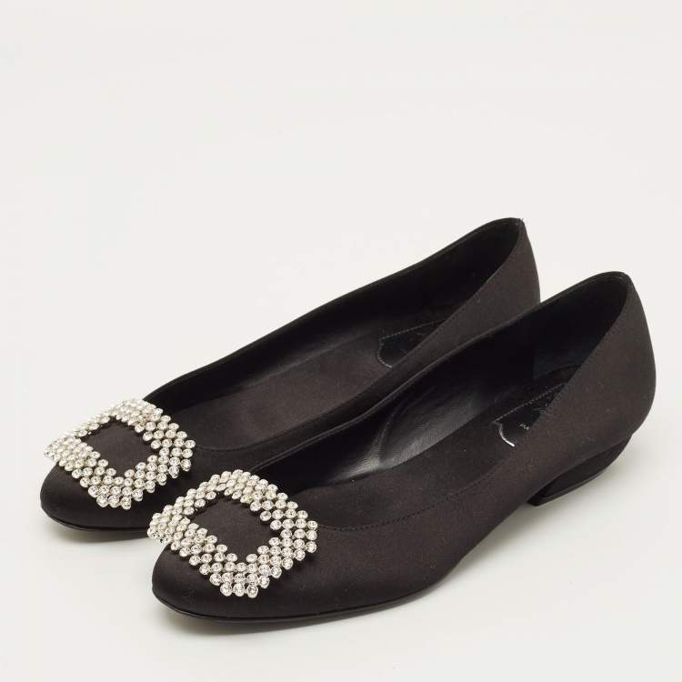 Pre Owned Roger Vivier Belle Vivier Size 35 Black Satin Crystal Embellished Ballet Flats