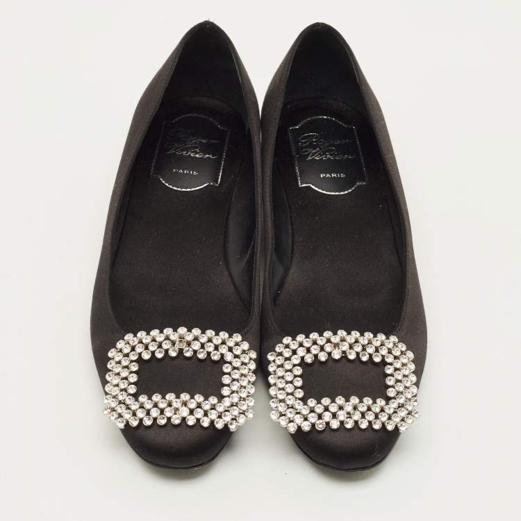 Pre Owned Roger Vivier Belle Vivier Size 35 Black Satin Crystal Embellished Ballet Flats