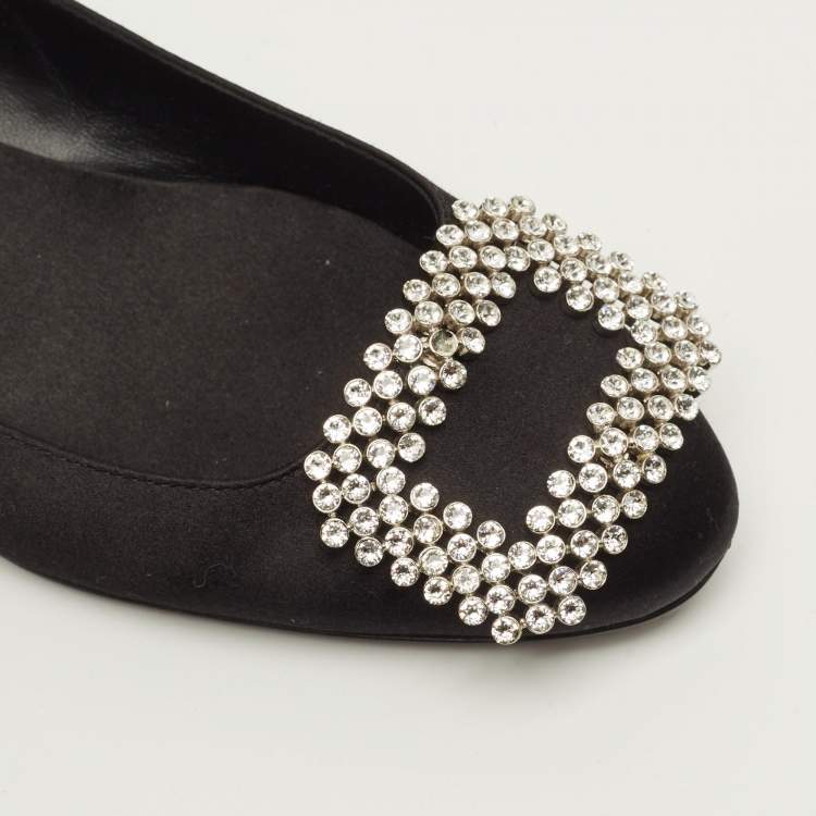 Pre Owned Roger Vivier Belle Vivier Size 35 Black Satin Crystal Embellished Ballet Flats