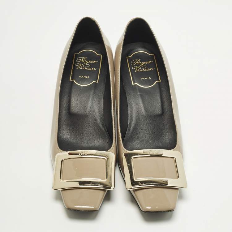 Pre Owned Roger Vivier Belle Vivier Size 35.5 Beige Patent Leather Block Heel Pumps