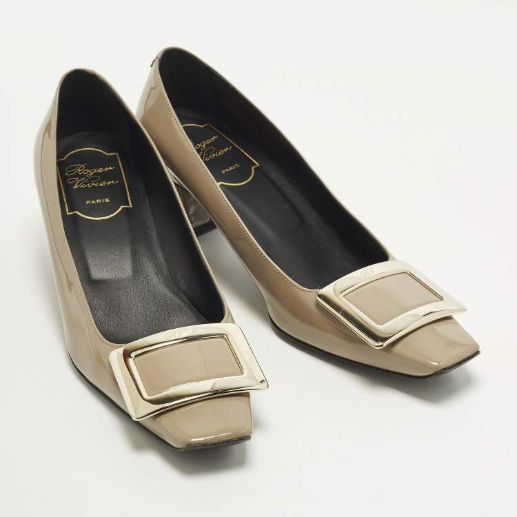 Pre Owned Roger Vivier Belle Vivier Size 35.5 Beige Patent Leather Block Heel Pumps